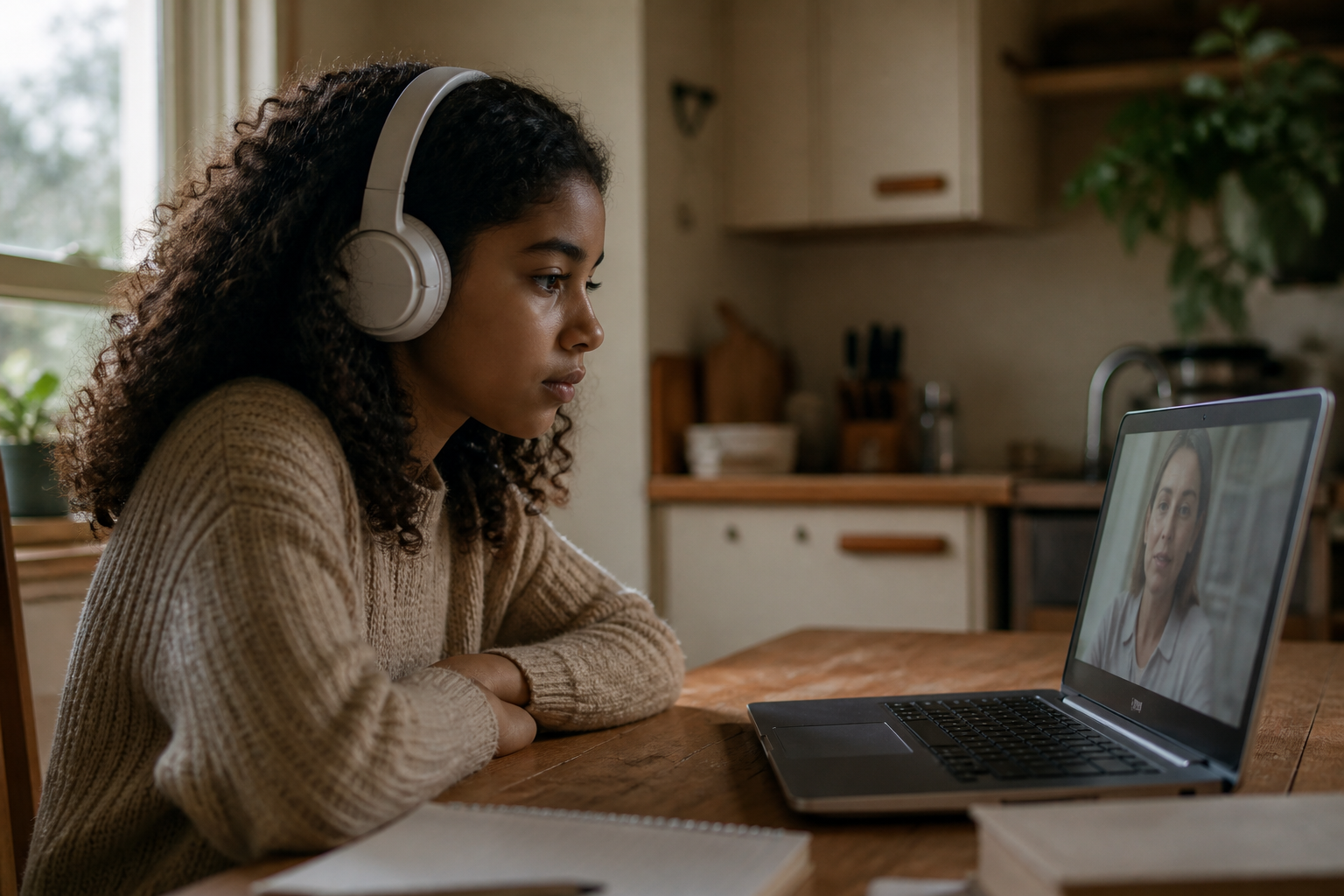 A learner in a live online class at the kitchen table